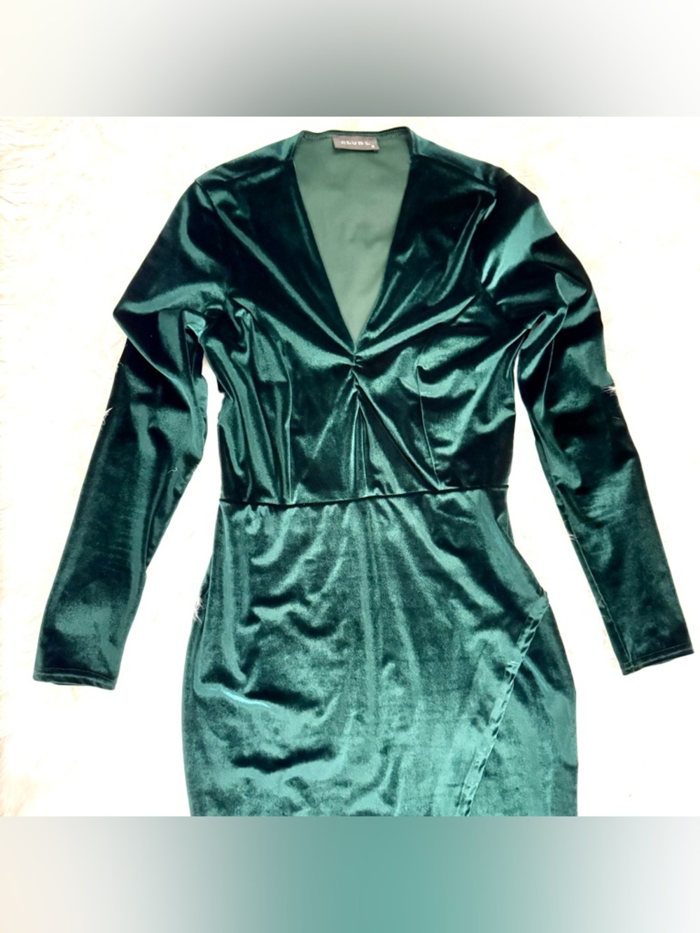 Club L London Deep Evergreen Velvet Midi Dress | Long Sleeve Wrap Slit | Size M - Picture 3 of 15